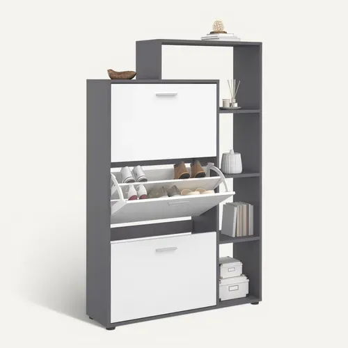 Meuble à Chaussures 18 Paires Klark Gris 3 Portes Blanches Avec étagère