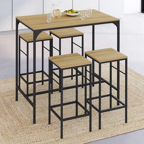 Ensemble Table Haute De Bar Detroit 100 Cm Et 4 Tabourets Bois Et Métal Noir Design Industriel