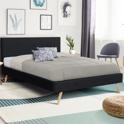 Lit Double Scandinave Oslo Avec Tête De Lit Et Sommier 160 X 200 Cm Tissu Noir