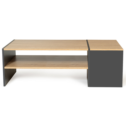 Table Basse Bar Contemporaine Rectangulaire Izia Avec Coffre Gris Et Plateaux Bois