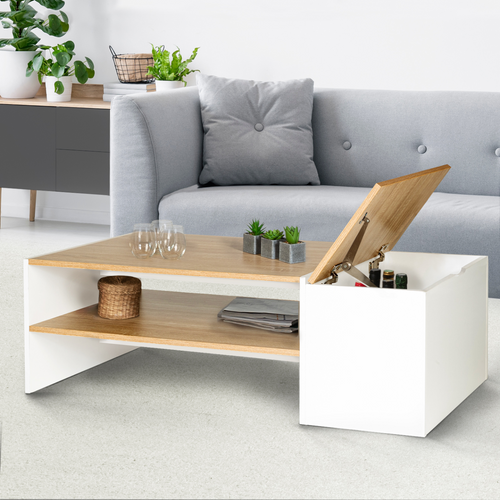 Table Basse Bar Contemporaine Rectangulaire Izia Avec Coffre Blanc Et Plateaux Bois