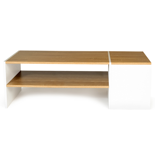 Table Basse Bar Contemporaine Rectangulaire Izia Avec Coffre Blanc Et Plateaux Bois