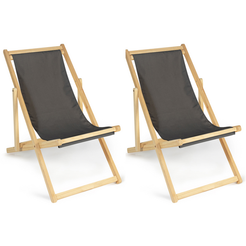 Lot De 2 Chaises Longues Pliantes Chilienne Bois Toile Gris Anthracite