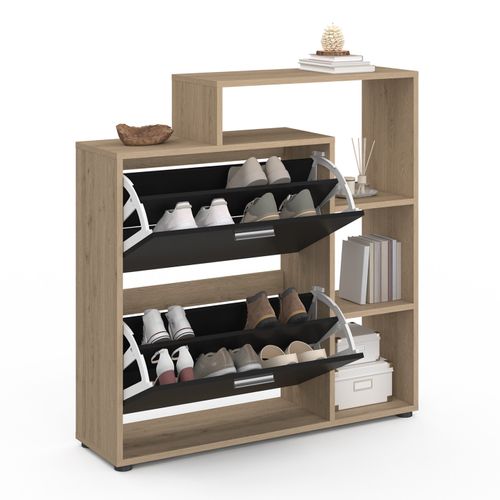 Meuble à Chaussures 12 Paires Klark Imitation Hêtre 2 Portes Noires Avec Étagères