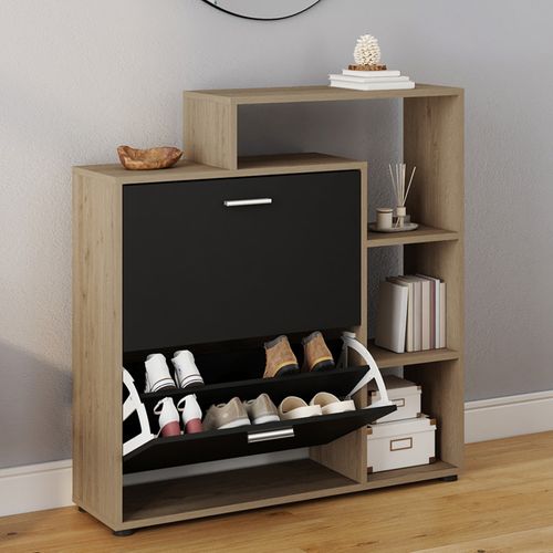 Meuble à Chaussures 12 Paires Klark Imitation Hêtre 2 Portes Noires Avec Étagères