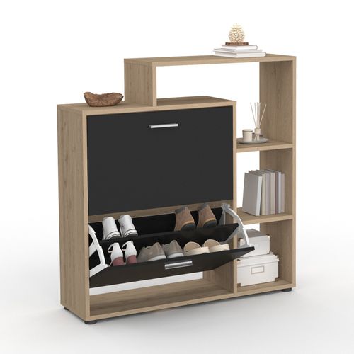 Meuble à Chaussures 12 Paires Klark Imitation Hêtre 2 Portes Noires Avec Étagères