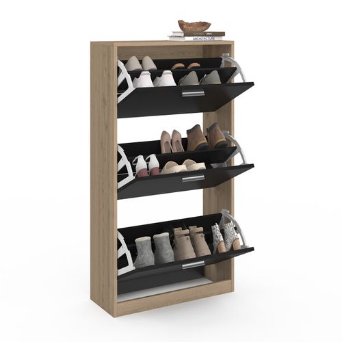 Meuble à Chaussures 18 Paires Klark Imitation Hêtre 3 Portes Noires