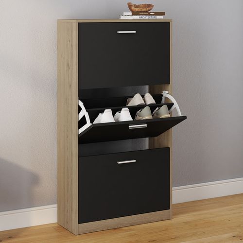 Meuble à Chaussures 18 Paires Klark Imitation Hêtre 3 Portes Noires