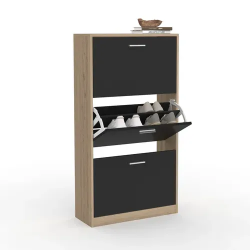 Meuble à Chaussures 18 Paires Klark Imitation Hêtre 3 Portes Noires