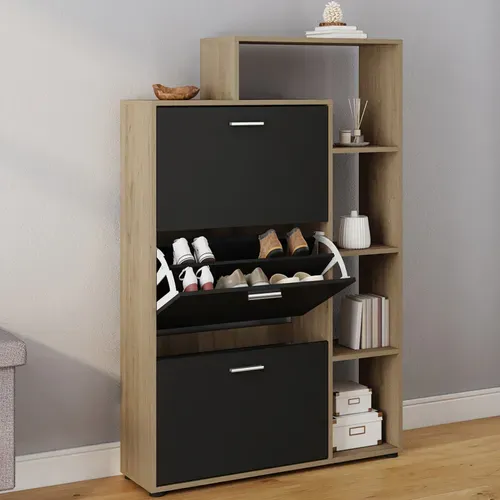 Meuble à Chaussures 18 Paires Klark Imitation Hêtre 3 Portes Noires Avec étagère