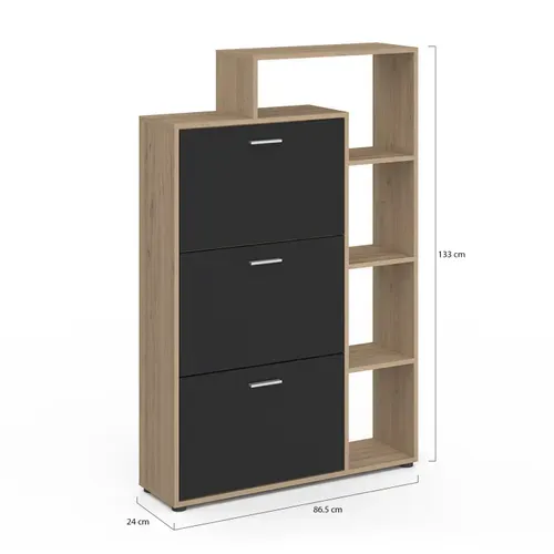 Meuble à Chaussures 18 Paires Klark Imitation Hêtre 3 Portes Noires Avec étagère