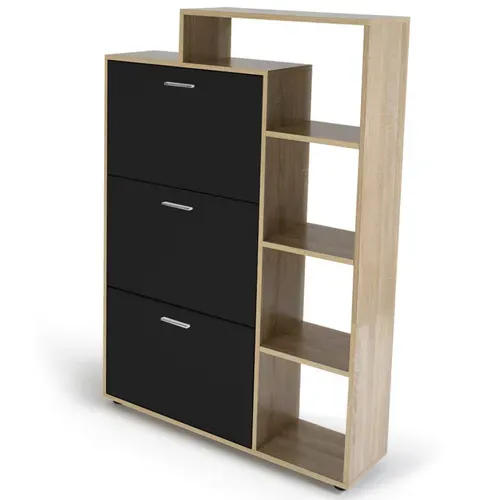 Meuble à Chaussures 18 Paires Klark Imitation Hêtre 3 Portes Noires Avec étagère