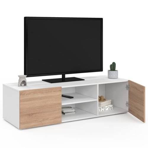 Meuble TV 113 Cm Eli Blanc Portes Façon Hêtre