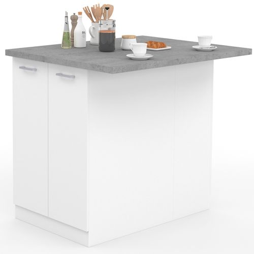 Ilot Central Ivo 100 Cm Blanc Avec Plan De Travail Effet Béton