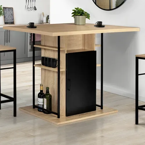 Ilot Central Ugo 110 Cm Bois Noir Et Imitation Hêtre Avec Rangements Design Industriel