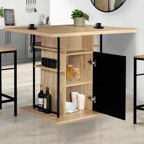 Ilot Central Ugo 110 Cm Bois Noir Et Imitation Hêtre Avec Rangements Design Industriel