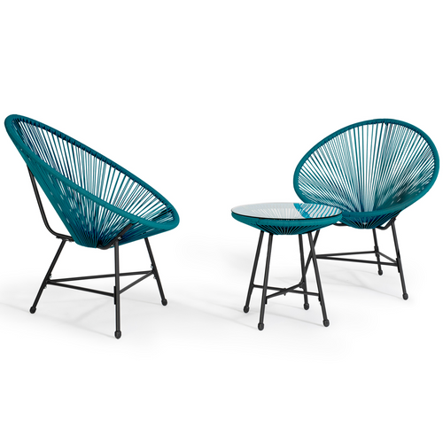 Salon De Jardin Izmir Table Et 2 Fauteuils Oeuf Cordage Bleu Canard
