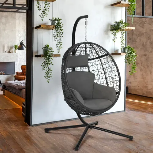 Fauteuil Oeuf Suspendu Ajouré Effet Rotin Gris Avec Coussin Gris