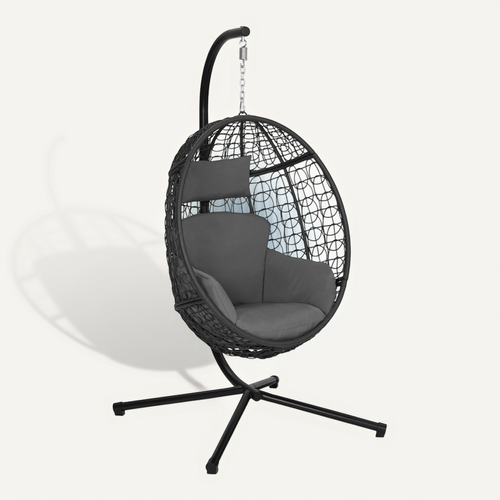 Fauteuil Oeuf Suspendu Ajouré Effet Rotin Gris Avec Coussin Gris