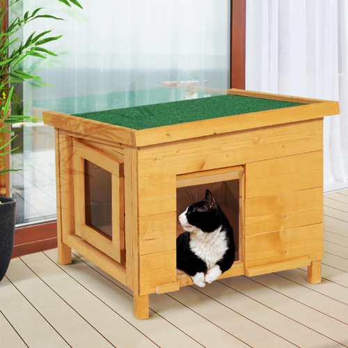 Maison Pour Chat Niche En Bois Avec Porte Basculante à Lamelles