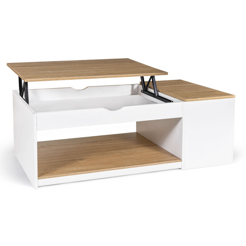 Table Basse Plateau Relevable Rectangulaire Elea Avec Coffre Bois Blanc Et Façon Hêtre