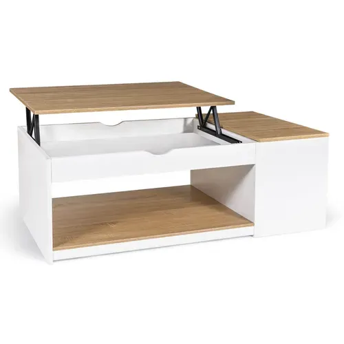 Table Basse Plateau Relevable Rectangulaire Elea Avec Coffre Bois Blanc Et Façon Hêtre