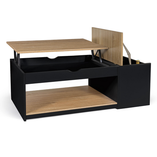 Table Basse Plateau Relevable Rectangulaire Elea Avec Coffre Bois Noir Et Façon Hêtre