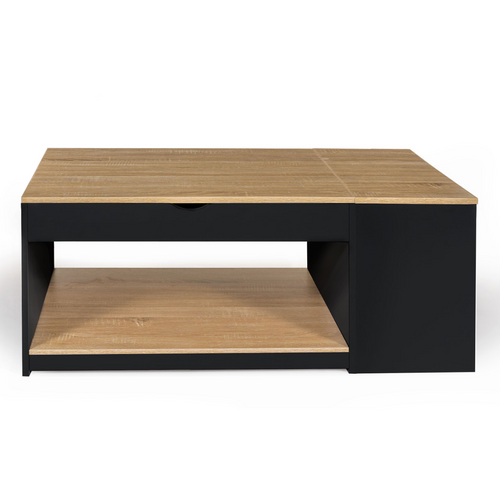 Table Basse Plateau Relevable Rectangulaire Elea Avec Coffre Bois Noir Et Façon Hêtre
