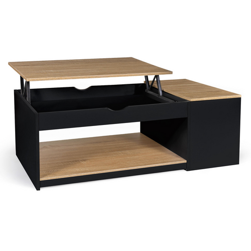 Table Basse Plateau Relevable Rectangulaire Elea Avec Coffre Bois Noir Et Façon Hêtre