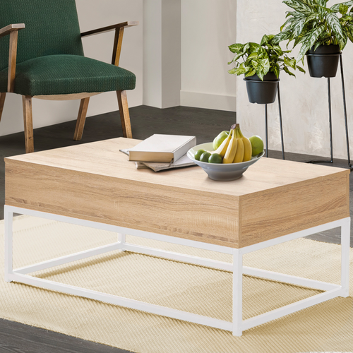 Table Basse Plateau Relevable Rectangulaire Detroit Bois Et Métal Blanc Design Industriel