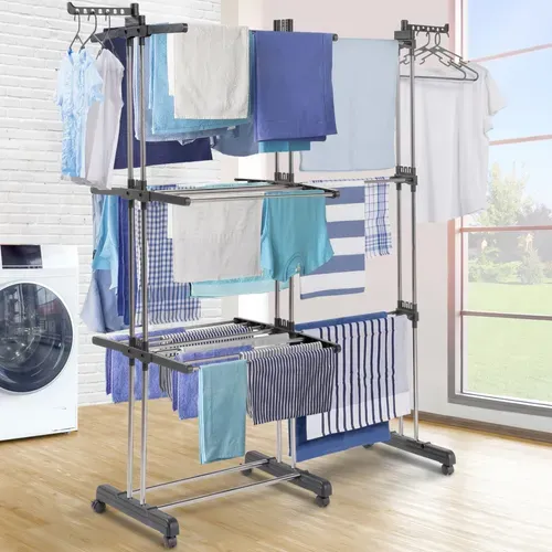 Séchoir à Linge Vertical Pliable Et Extensible 3 Niveaux Giga Capacité 27m Avec Cintres Et Pinces In