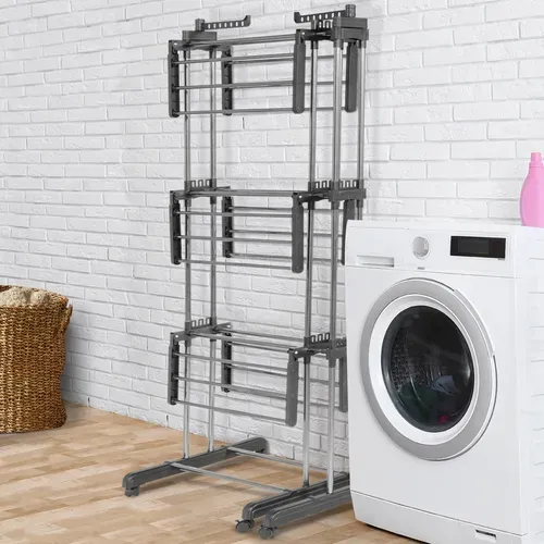 Séchoir à Linge Vertical Pliable Et Extensible 3 Niveaux Giga Capacité 27m Avec Cintres Et Pinces In