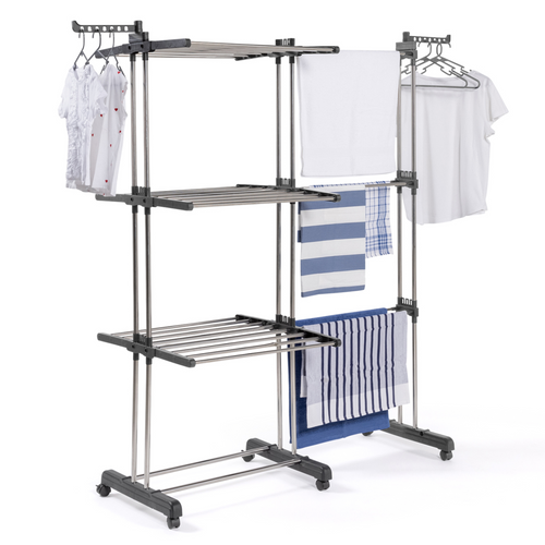 Séchoir à Linge Vertical Pliable Et Extensible 3 Niveaux Giga Capacité 27m Avec Cintres Et Pinces In