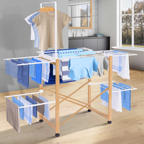 Séchoir à Linge Pliable Deluxe Capacité 22m Avec Tringle Blanc Et Effet Bois
