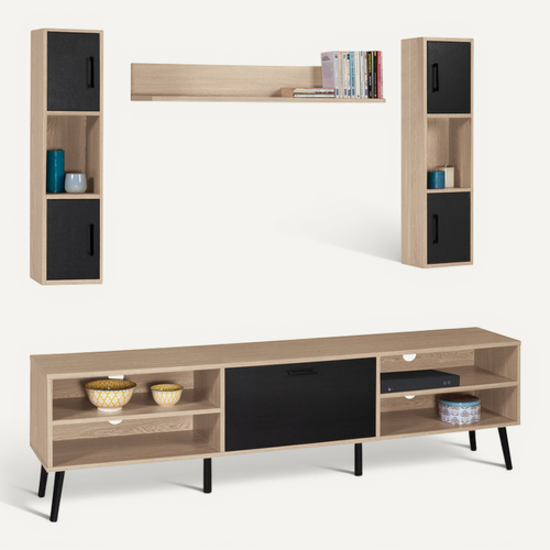 Ensemble Meuble TV 180 Cm Et étagères Houston Bois Et Noir