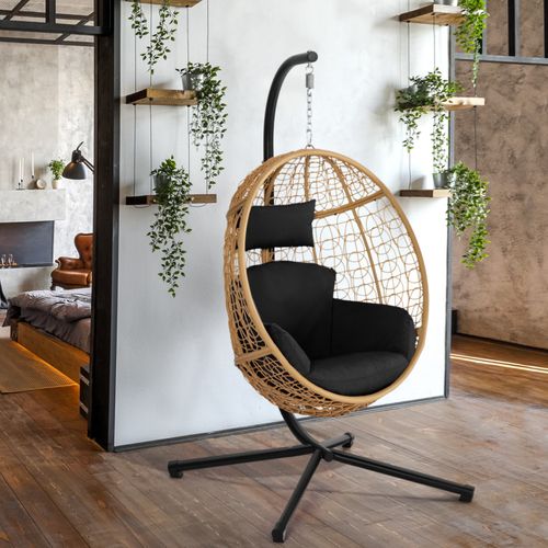 Fauteuil Oeuf Suspendu Ajouré Effet Rotin Avec Coussin Noir