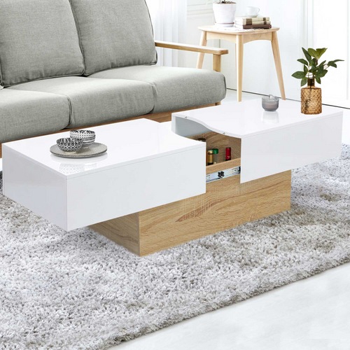 Table Basse Coulissante Rectangulaire Marta Bois Imitation Hêtre Et Blanc