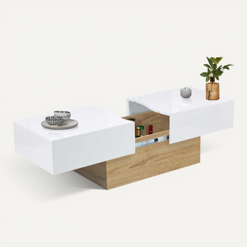 Table Basse Coulissante Rectangulaire Marta Bois Imitation Hêtre Et Blanc