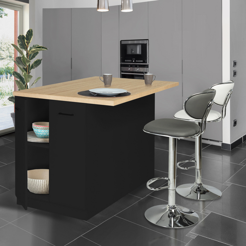 Ilot Central Ivo 120 Cm Bois Noir Avec Plan De Travail Façon Hêtre
