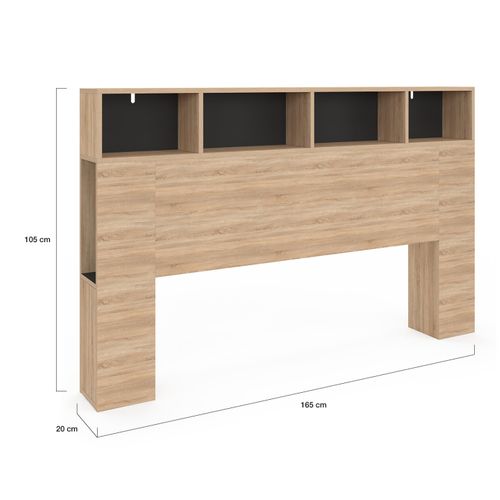 Tête De Lit Sur Pied Cleo 165 Cm Avec Rangements Fermés Et Niches Façon Hêtre Et Noir
