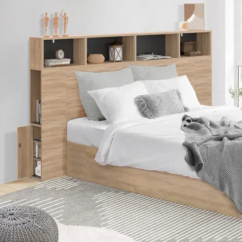 Tête De Lit Sur Pied Cleo 165 Cm Avec Rangements Fermés Et Niches Façon Hêtre Et Noir
