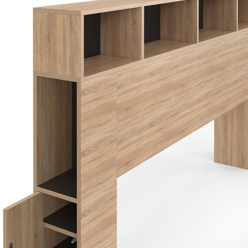 Tête De Lit Sur Pied Cleo 165 Cm Avec Rangements Fermés Et Niches Façon Hêtre Et Noir