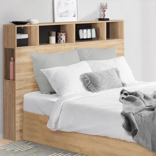 Tête De Lit Sur Pied Cleo 165 Cm Avec Rangements Fermés Et Niches Façon Hêtre Et Noir