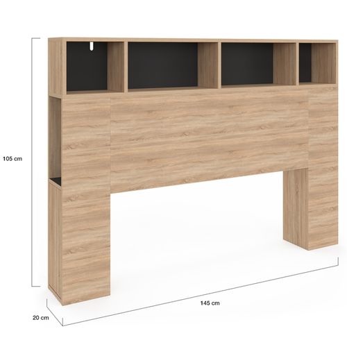 Tête De Lit Sur Pied Cleo 145 Cm Avec Rangements Fermés Et Niches Façon Hêtre Et Noir