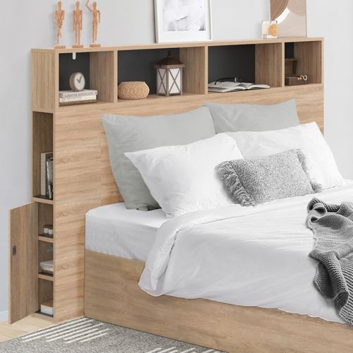 Tête De Lit Sur Pied Cleo 145 Cm Avec Rangements Fermés Et Niches Façon Hêtre Et Noir