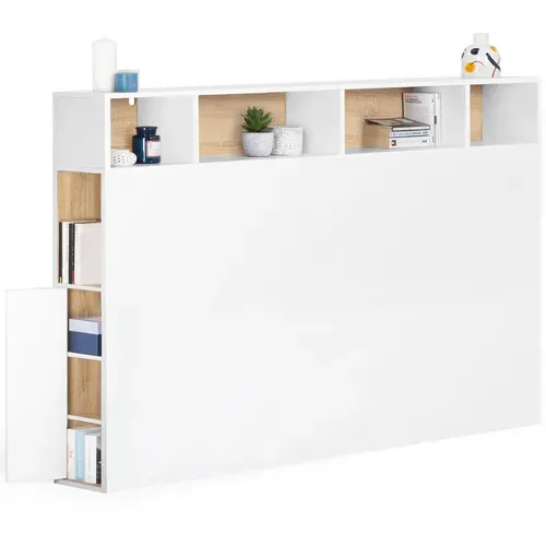 Tête De Lit Sur Pied Cleo 165 Cm Avec Rangements Fermés Et Niches Blanc Et Façon Hêtre