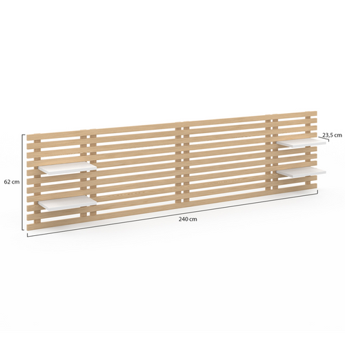 Tête De Lit Suspendue En Lattes Ava 240 Cm Bois Clair Et Étagères Blanches