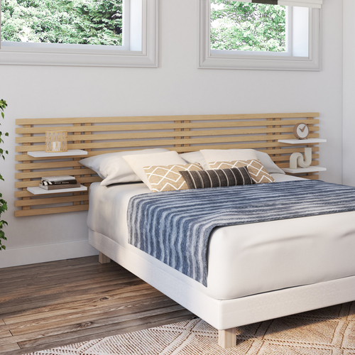 Tête De Lit Suspendue En Lattes Ava 240 Cm Bois Clair Et Étagères Blanches