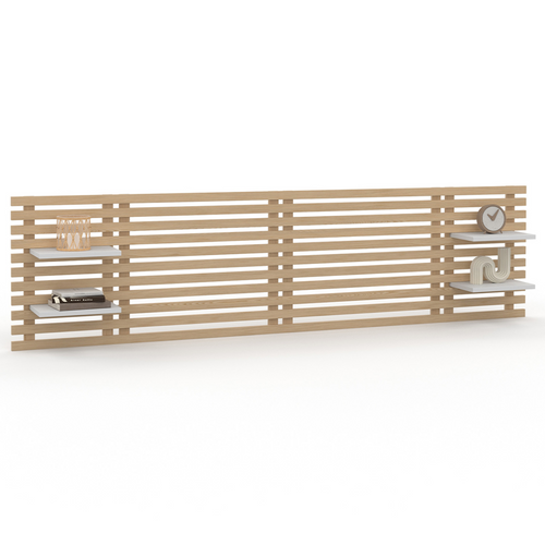 Tête De Lit Suspendue En Lattes Ava 240 Cm Bois Clair Et Étagères Blanches