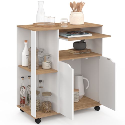 Desserte De Cuisine Cosi Bois Blanc Et Plateaux Façon Hêtre L.76 Cm